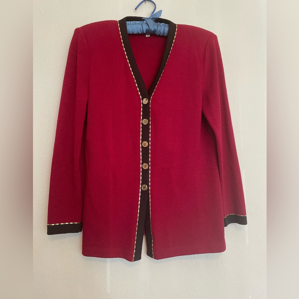 Vintage St John By Marie Gray Knit Cardigan Red/Black‎ With Gold Accents Size 8